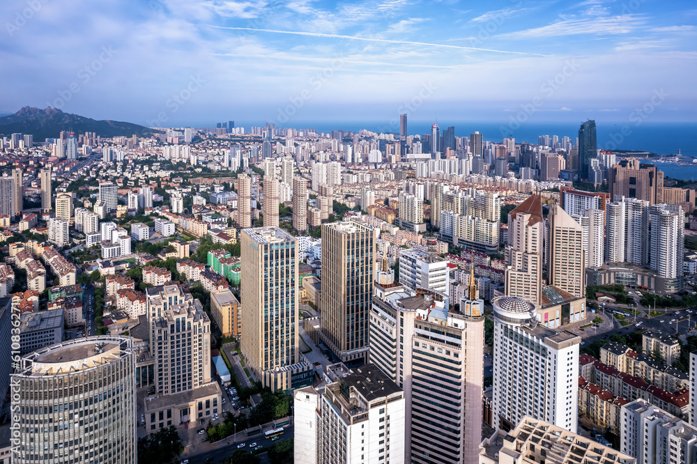 Aerial photo of urban landscape in Qingdao coastal bay area