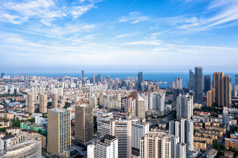 Aerial photo of urban landscape in Qingdao coastal bay area