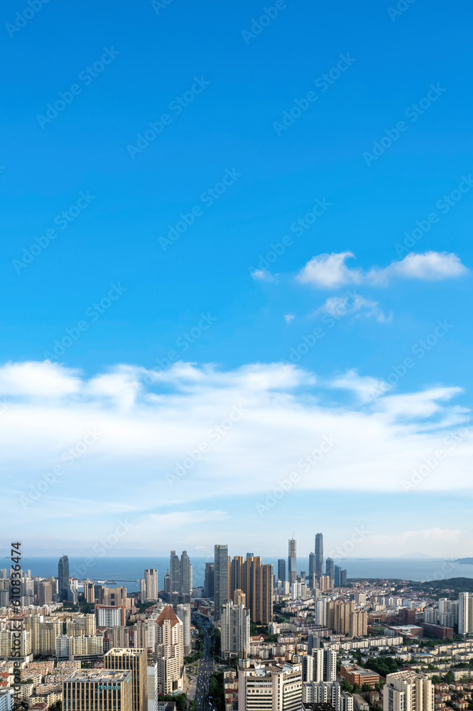 Aerial photo of urban landscape in Qingdao coastal bay area