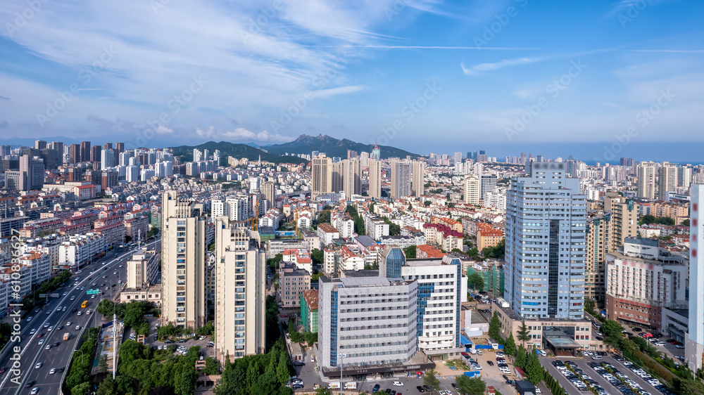 Aerial photo of urban landscape in Qingdao coastal bay area