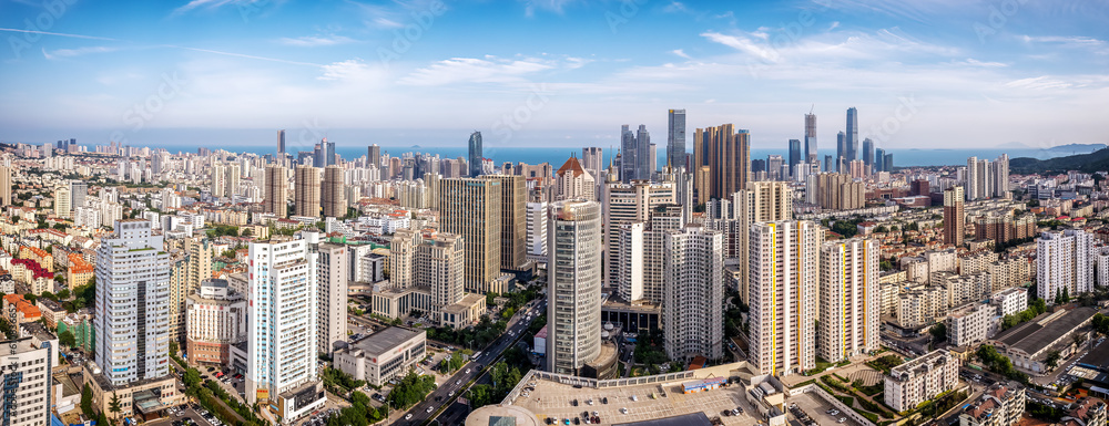 Aerial photo of urban landscape in Qingdao coastal bay area