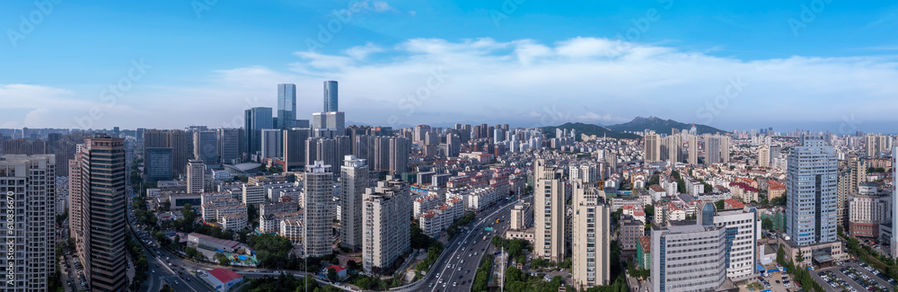 Aerial photo of urban landscape in Qingdao coastal bay area