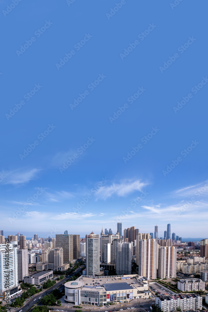 Aerial photo of urban landscape in Qingdao coastal bay area