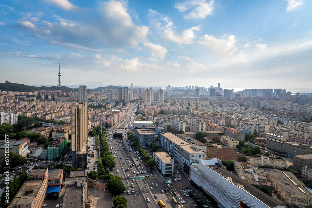 Aerial photo of urban landscape in Qingdao coastal bay area