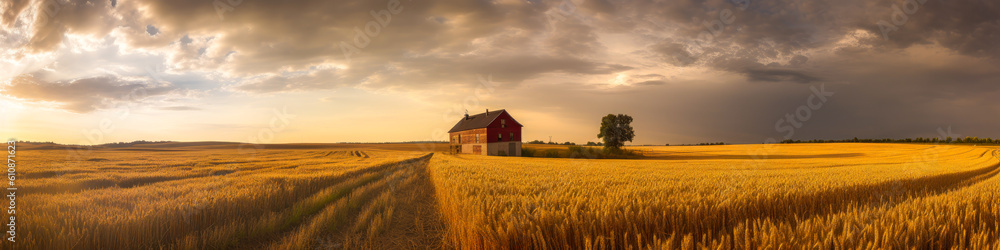 Captivating golden wheat field panorama, swaying gently in the breeze, with a distant barn and drama