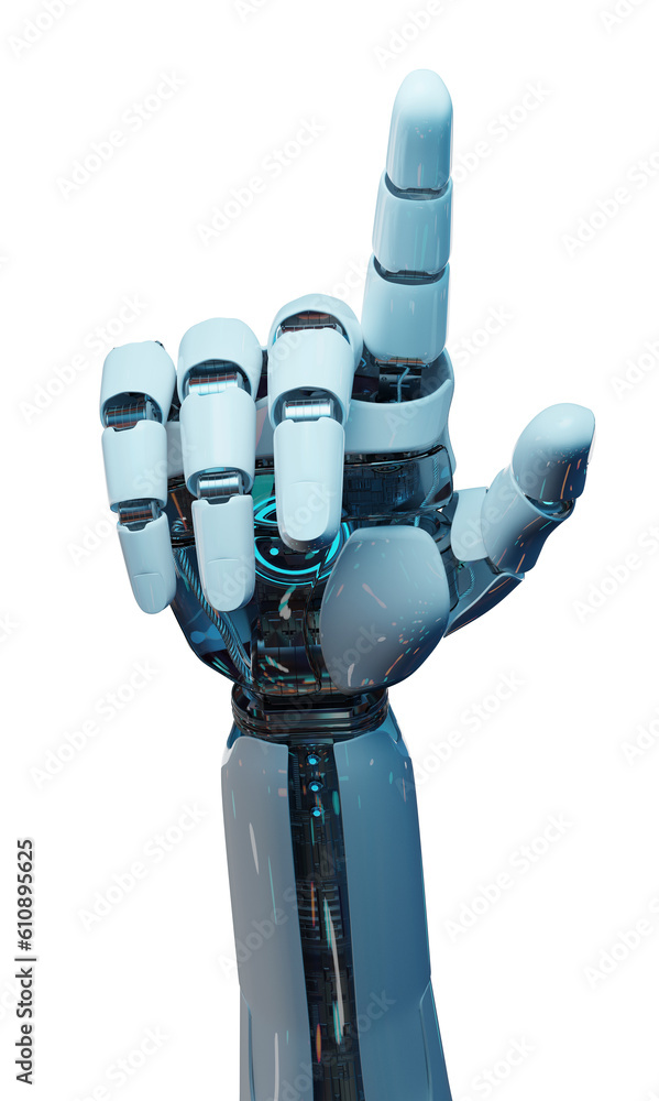 Isolated robot hand pointing finger. 3D rendering white and blue cyborg arm in dark lighting. Humano