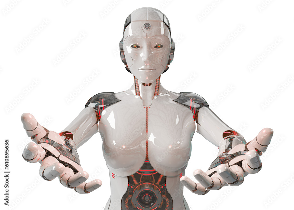 Isolated woman robot opening her two hands. Futuristic cyborg. 3D rendering white and red humanoid c