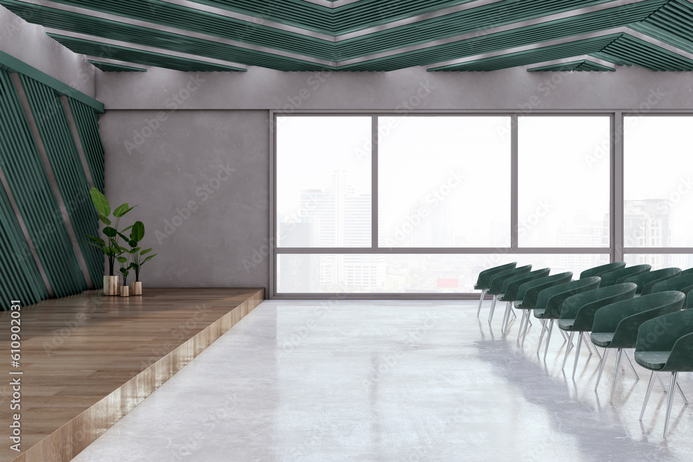 Modern lecture hall interior with window and city view. Modern company or school. 3D Rendering.