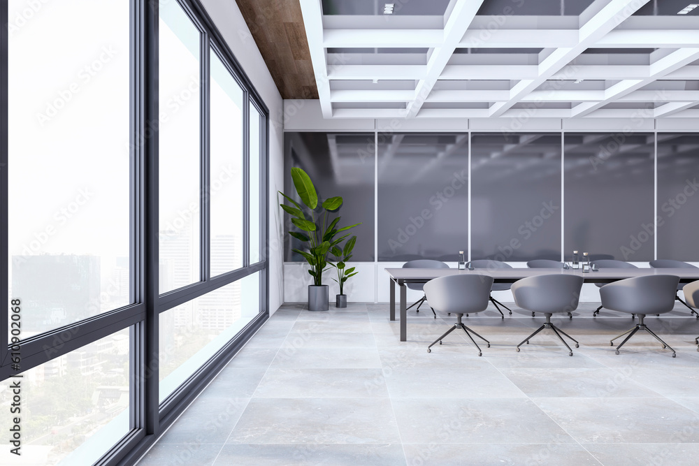 Clean conference room interior with furniture, concrete flooring and window and city view. 3D Render