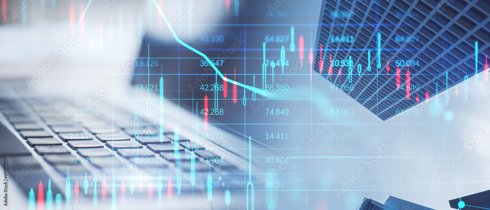 Close up of laptop on abstract wide city background with forex chart and grid. Financial growth, tec