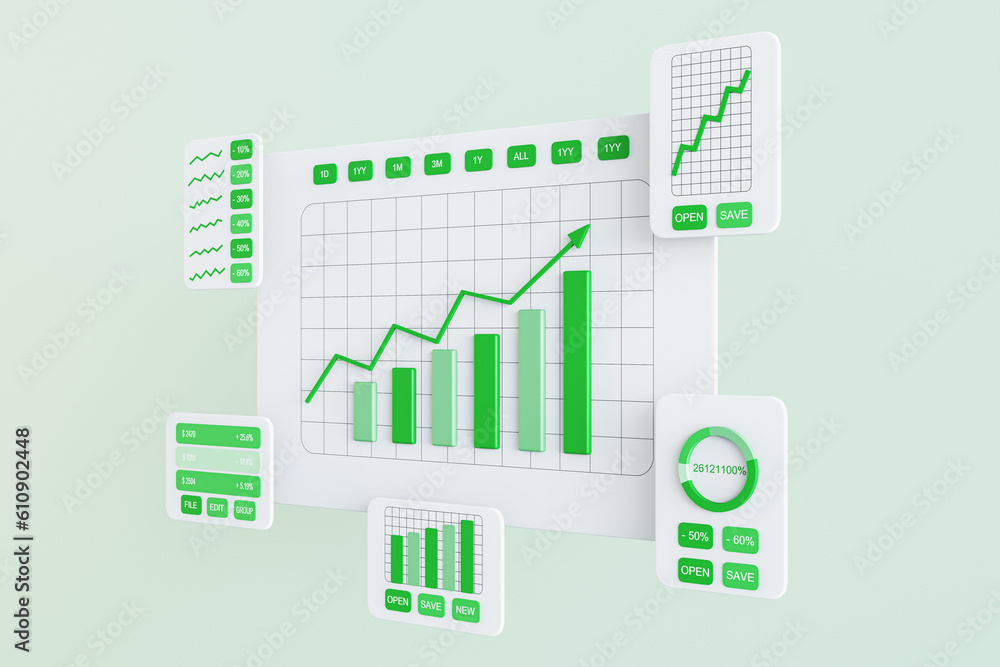 Perspective view on project statistics, financial data, growing sales charts, report preparation and