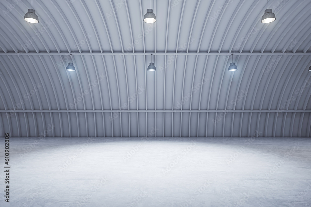 Side view grey hangar interior with spotlight and concrete floor, car background and empty stage con