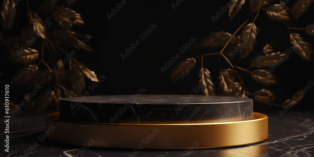 Podium made of black marble with gold, pedestal or platform. Advertising scene. Blank product stand.