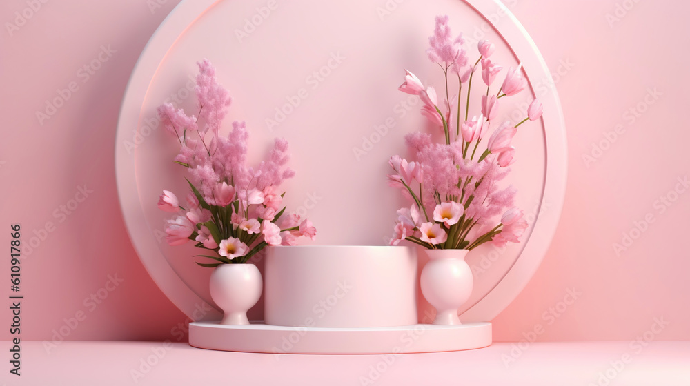 Podium with pink roses on pastel pink background to display products, gift or cosmetics. Generative 