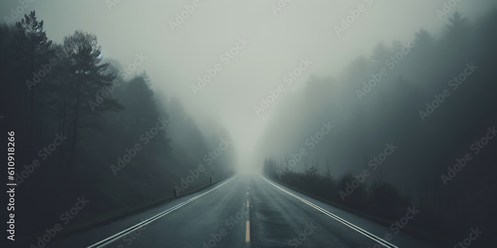 Minimalistic misty empty road. Foggy highway. Mystery travel concept. Generative AI