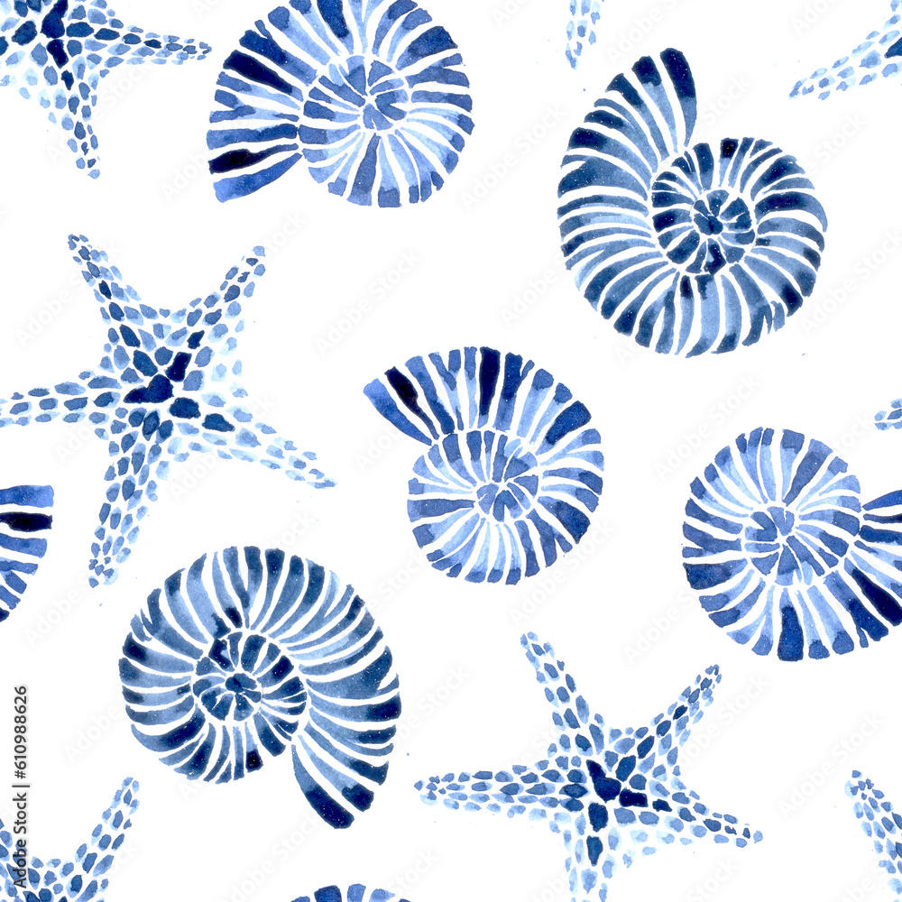 watercolor seamless pattern, with seashells and starfish. ocean sea theme, blue print on white backg