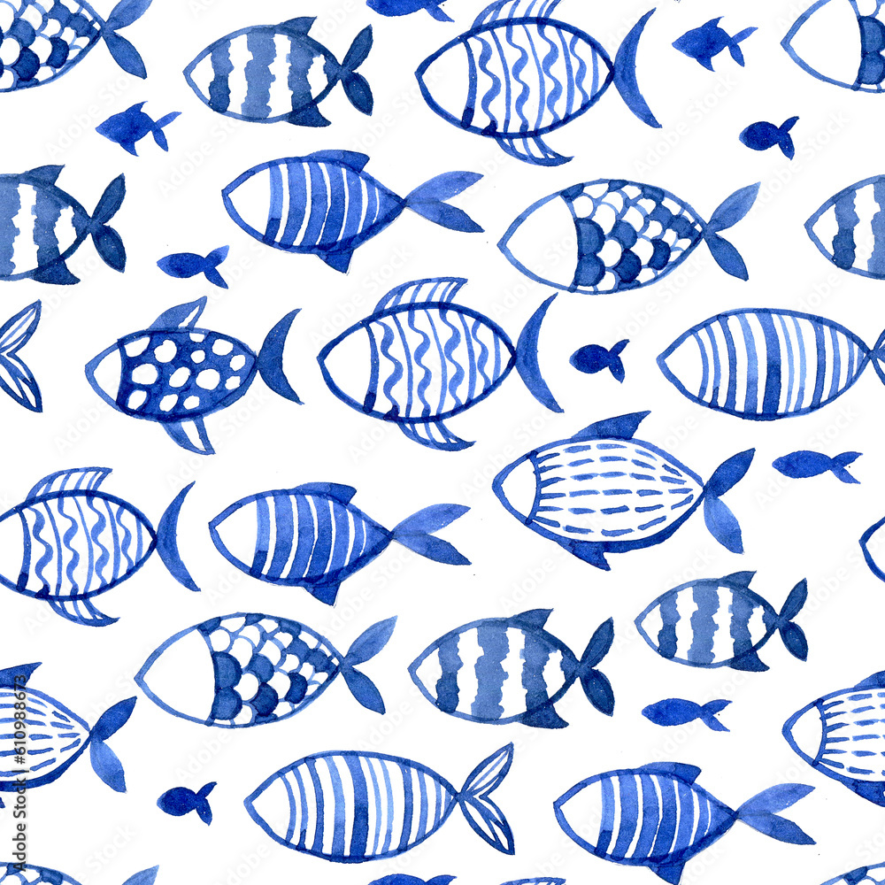 watercolor seamless pattern with fish. childrens simple drawing blue fish on a white background. do