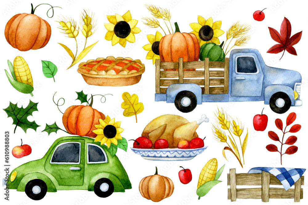 watercolor drawing. set of thanksgiving elements, cute drawings on the theme of autumn. pumpkins, ha