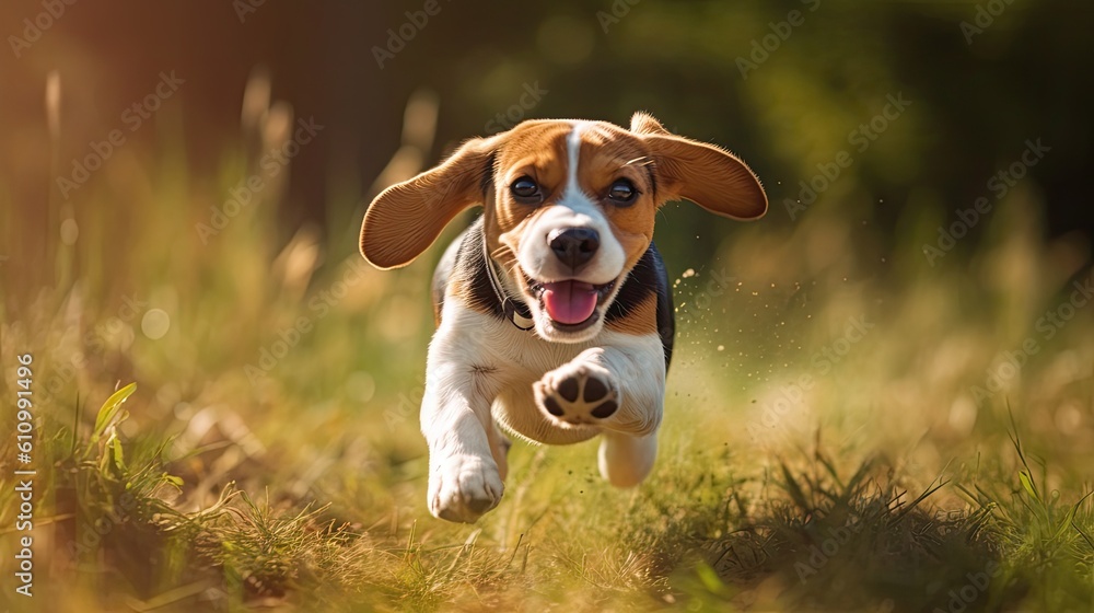 Animal. Cute dog Beagle running in the grass. Pets. Generative AI