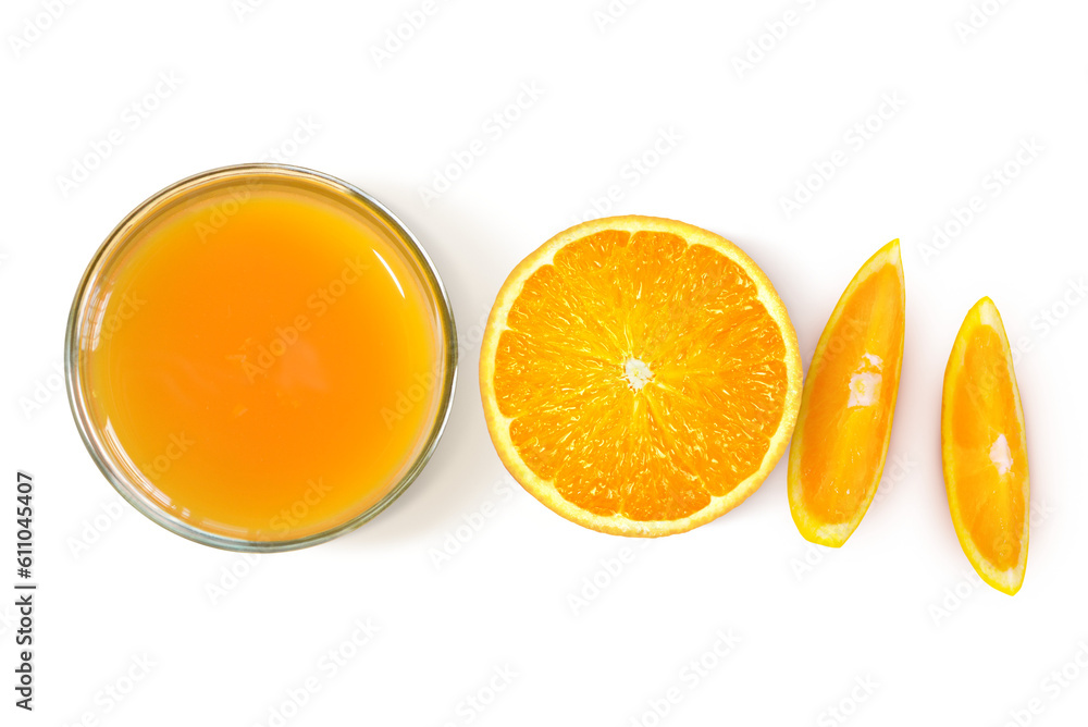 Orange slices and glass of orange juice  top view PNG transparent