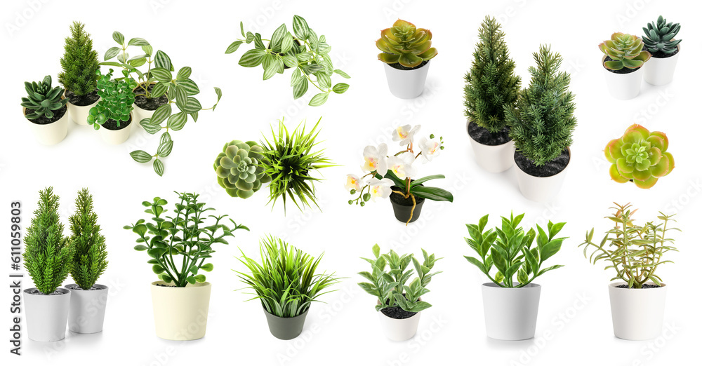 Set of many artificial plants on white background