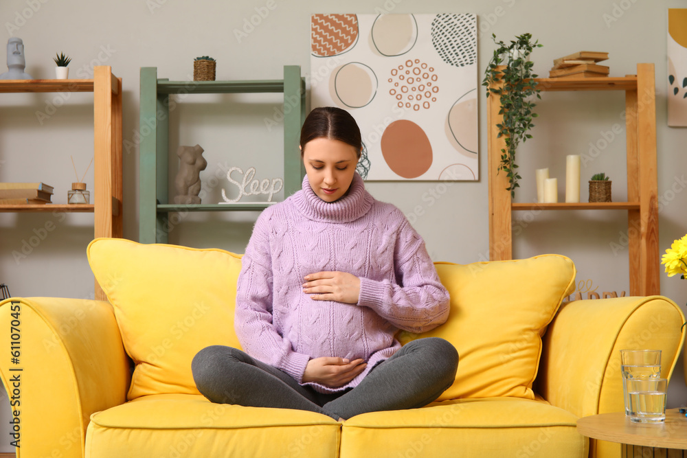 Young pregnant woman sitting on sofa at home