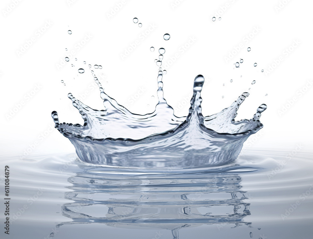 Water crown splash in a water pool on white background. Generative A.I.