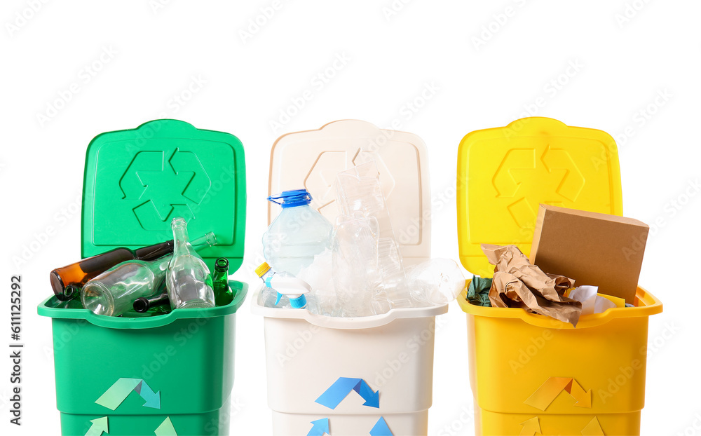 Containers with different types of garbage isolated on white. Recycling concept