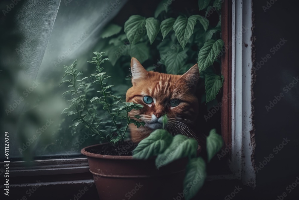 curious cat peeking out from a potted plant. Generative AI