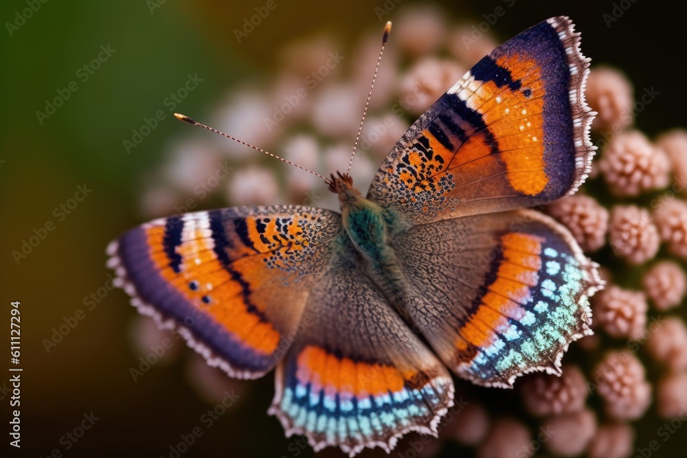 beautiful butterfly resting on a colorful flower. Generative AI