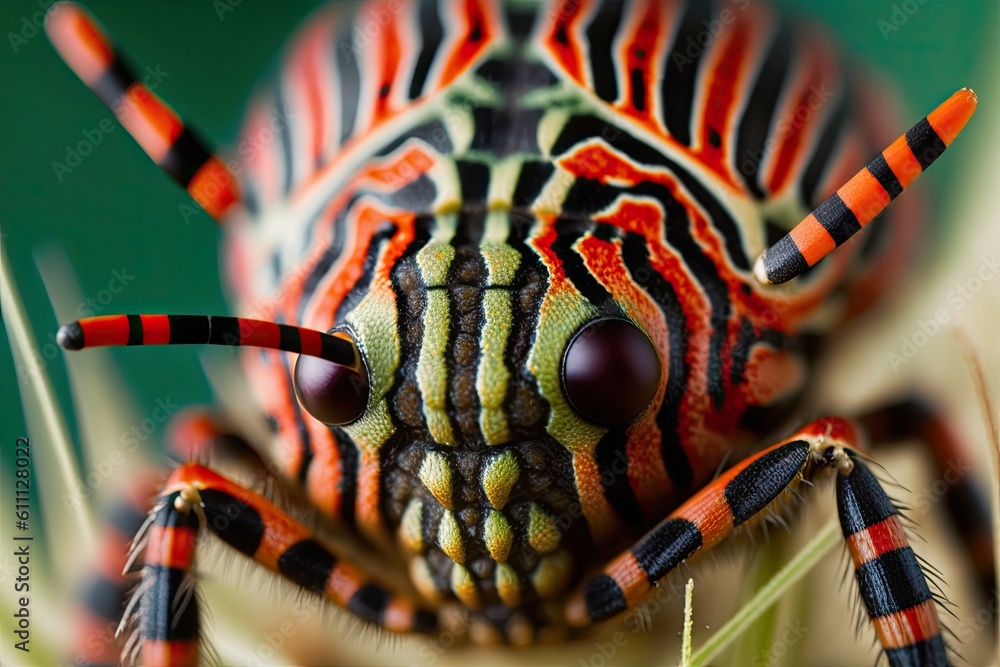 vibrant insect perched on a green plant. Generative AI