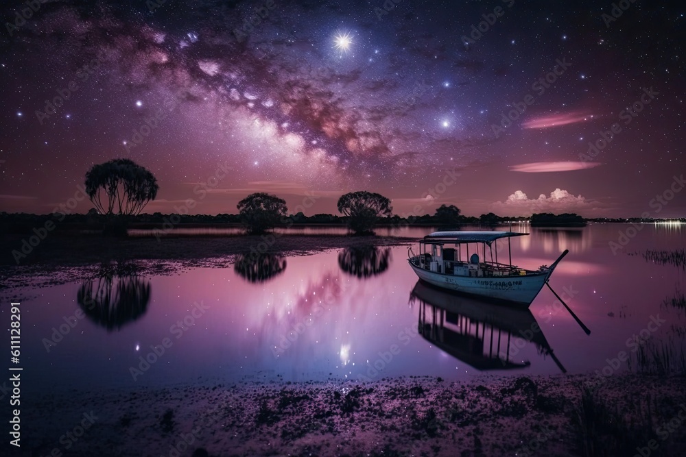 boat sailing on a peaceful lake under a starry night sky. Generative AI