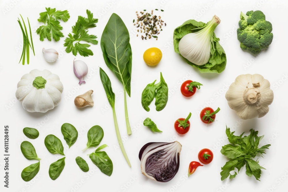 colorful assortment of fresh vegetables arranged on a white background. Generative AI