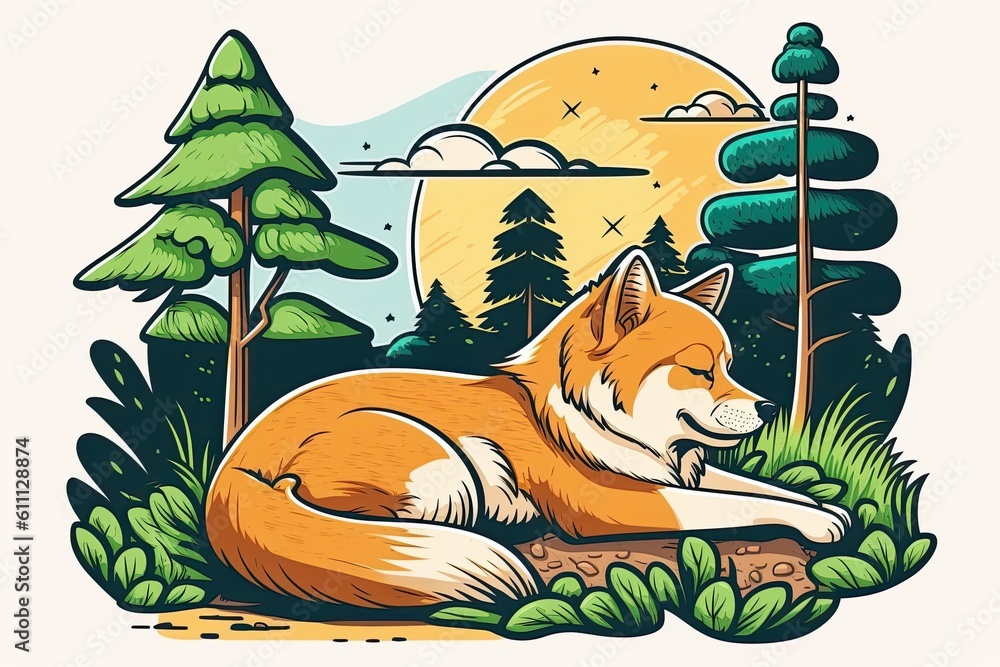 relaxed red fox resting on a wooden log in a forest. Generative AI