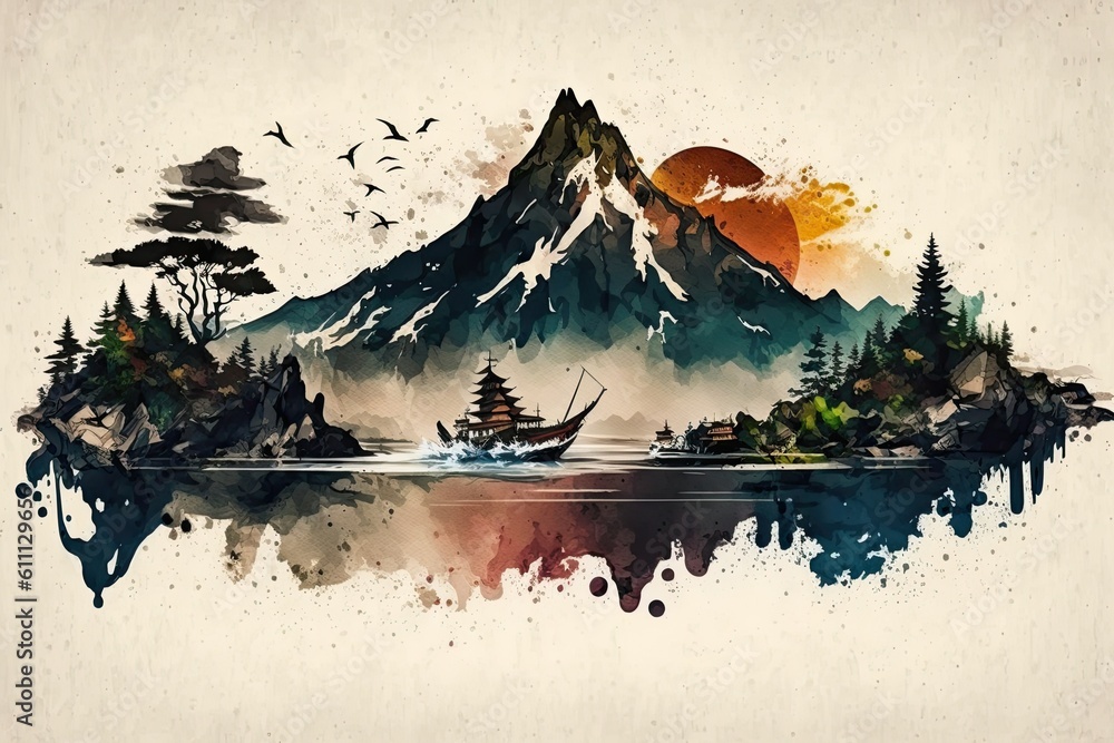 serene mountain landscape with a boat floating on calm waters. Generative AI