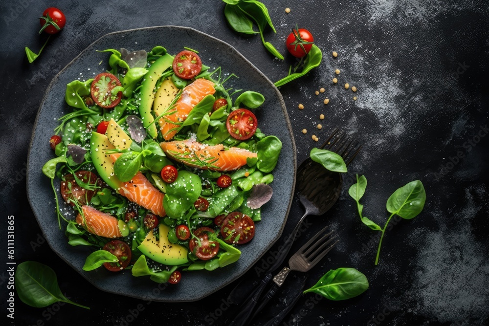 healthy meal consisting of salmon and avocado salad. Generative AI