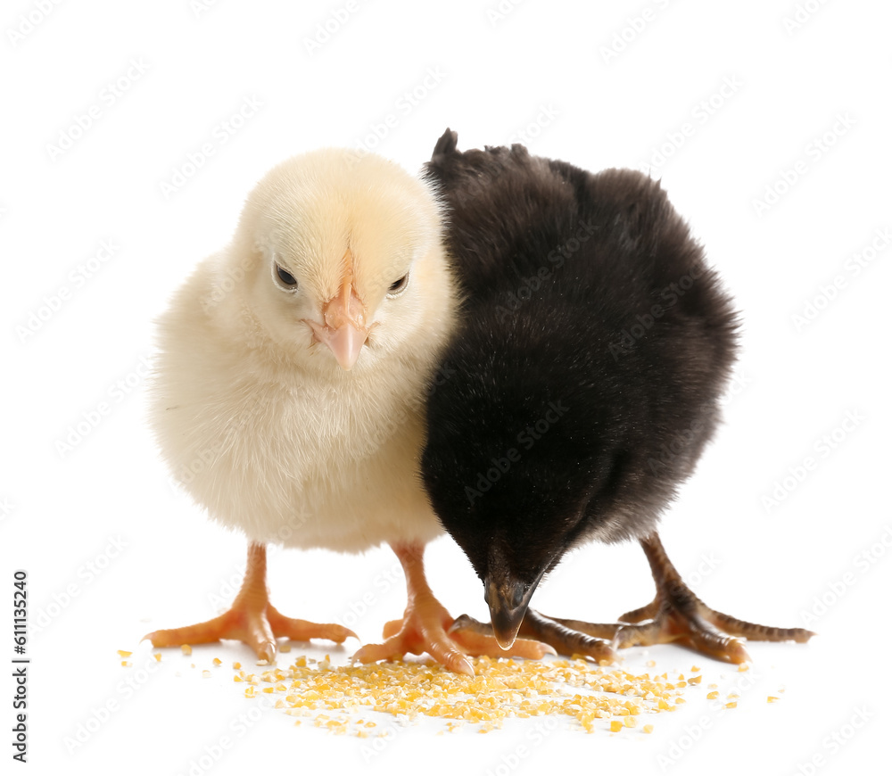 Cute little chicks on white background