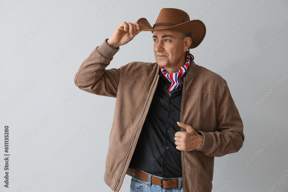 Mature cowboy on light background