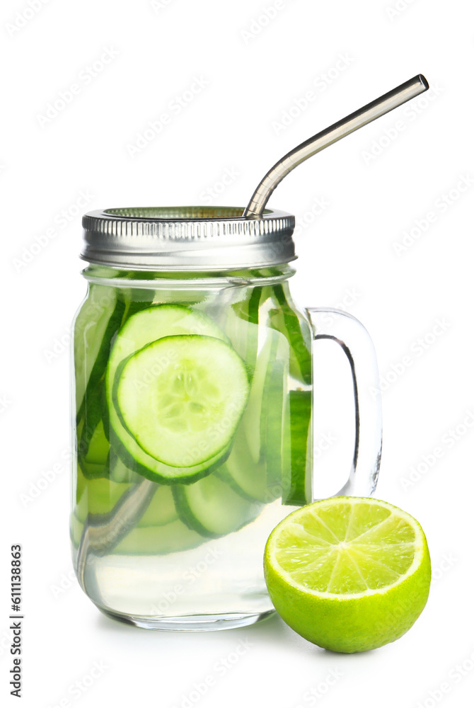 Mason jar of infused water with cucumber slices on white background