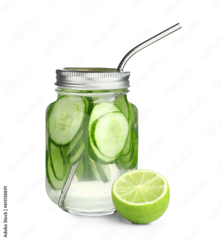 Mason jar of infused water with cucumber slices on white background