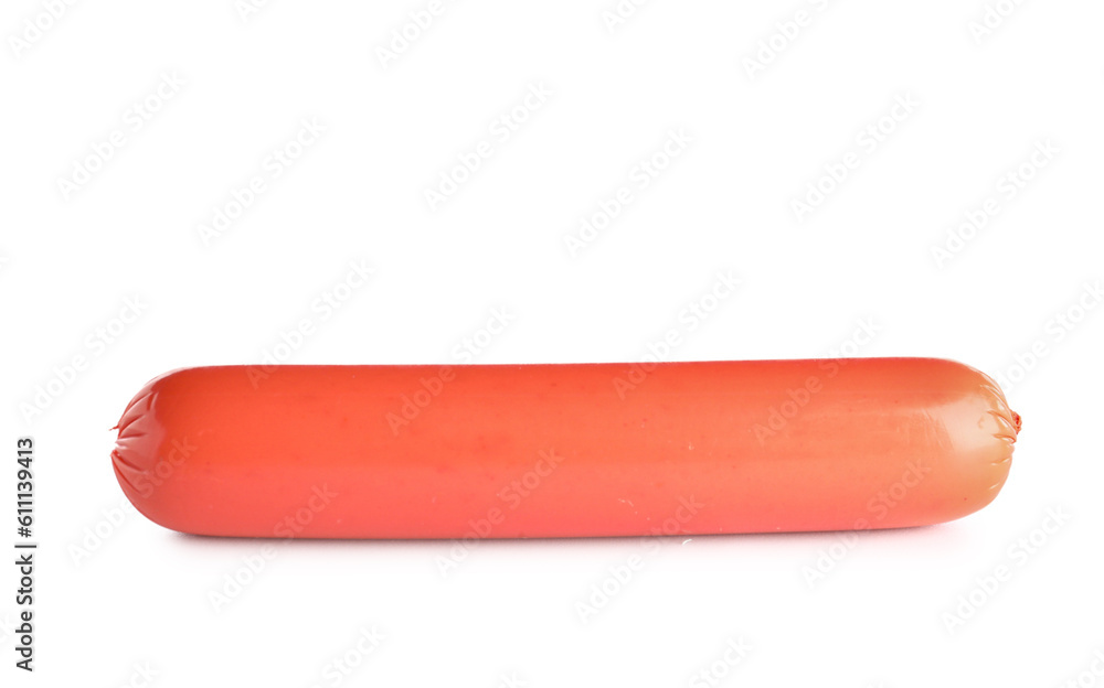 Tasty thin sausage on white background