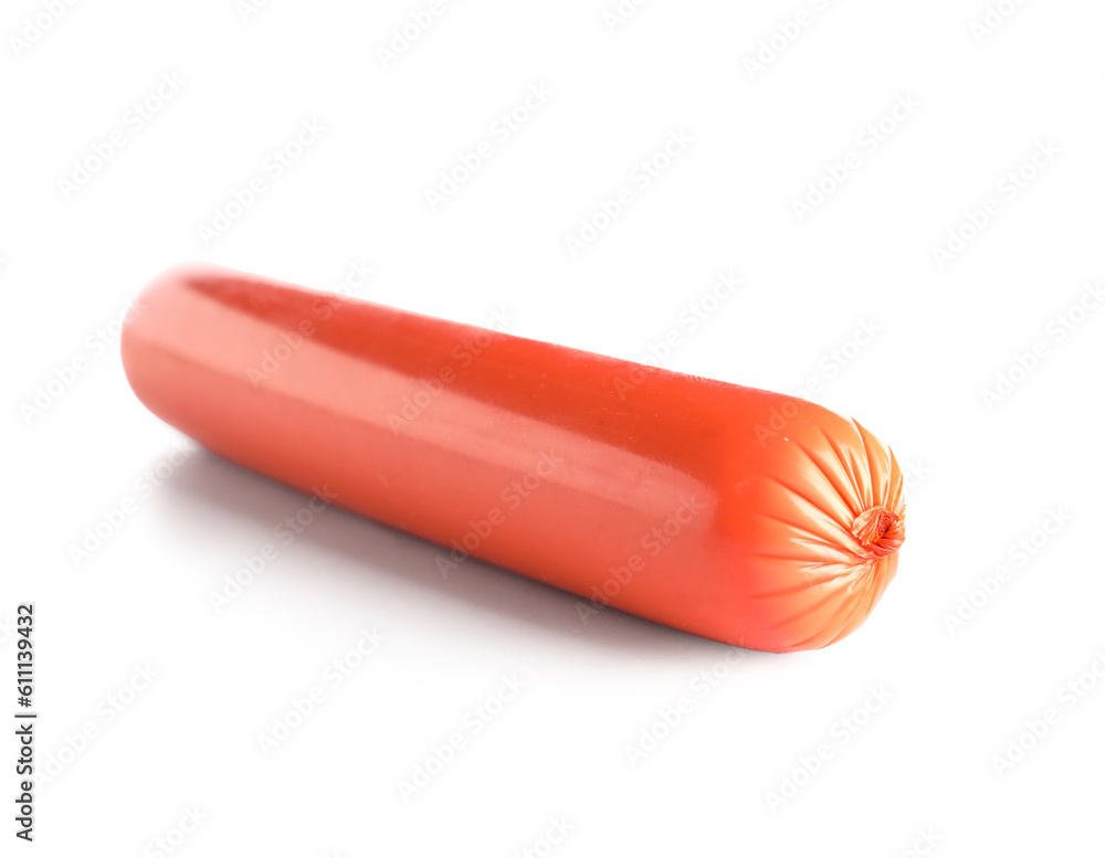 Tasty thin sausage on white background