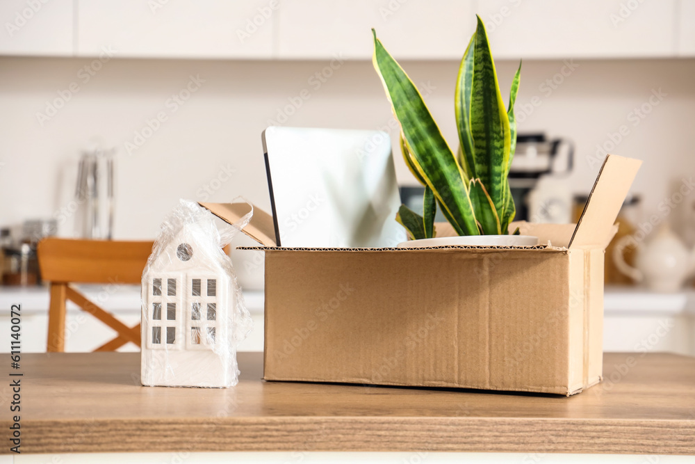 Table with cardboard box and things in kitchen on moving day