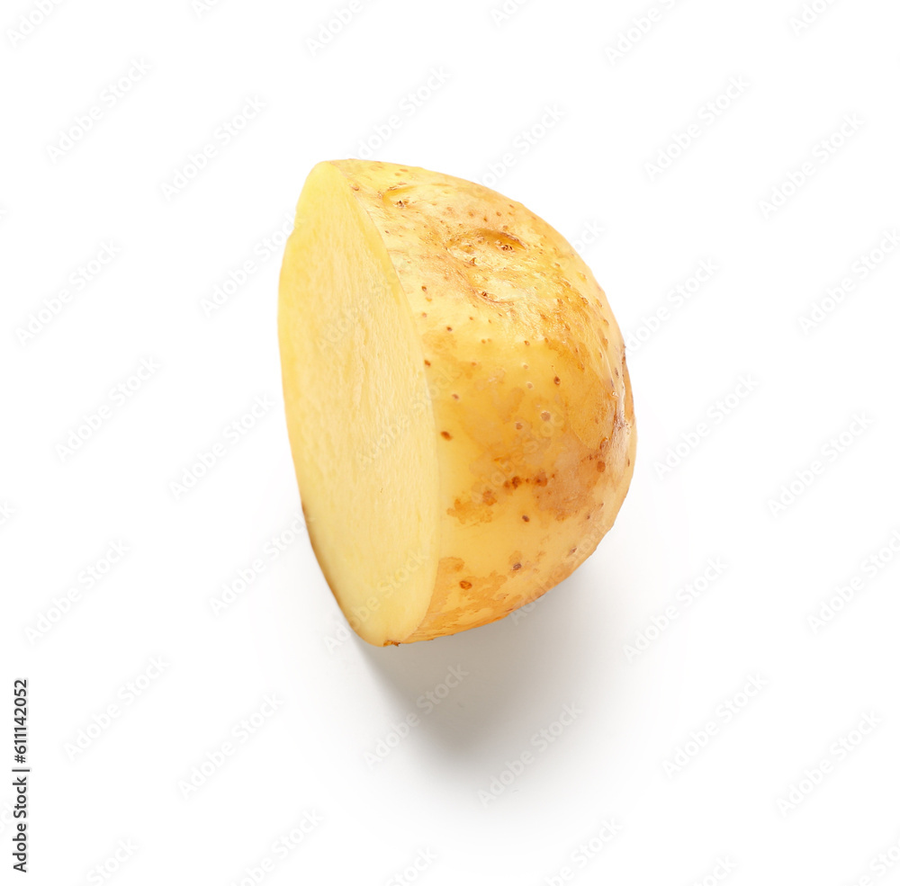 Half of raw baby potato on white background