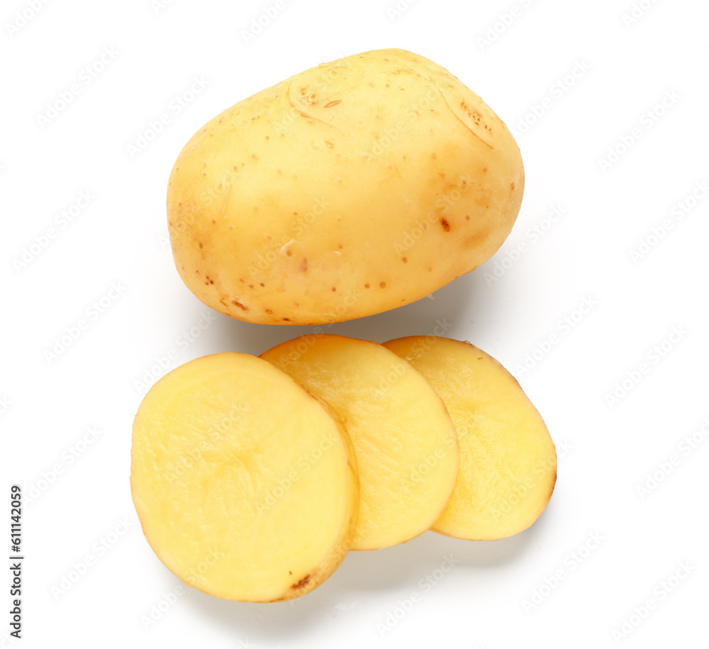 Slices of raw baby potatoes on white background