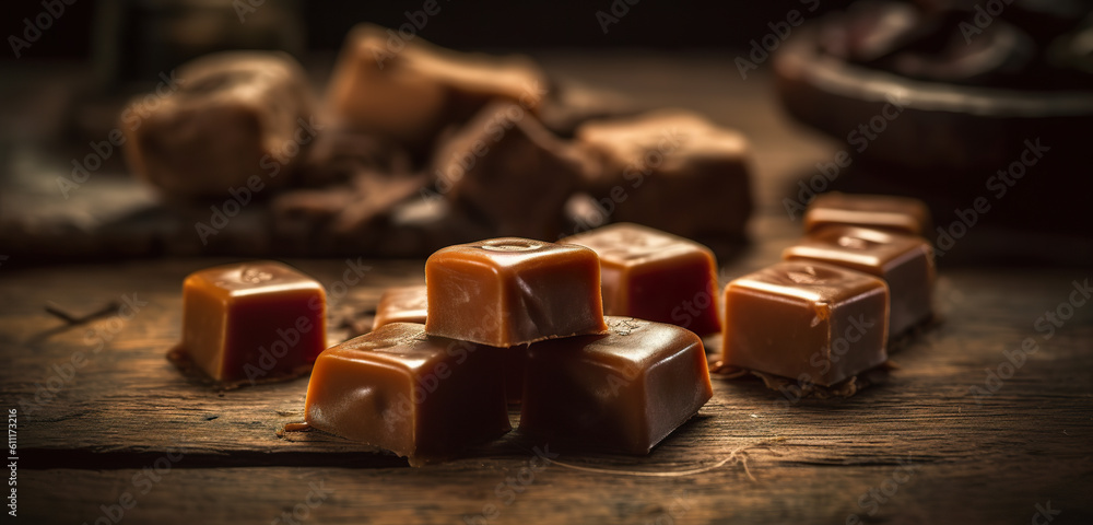 Caramel candies and caramel sauce on blurred background. Delicious candies with caramel sauce on rus