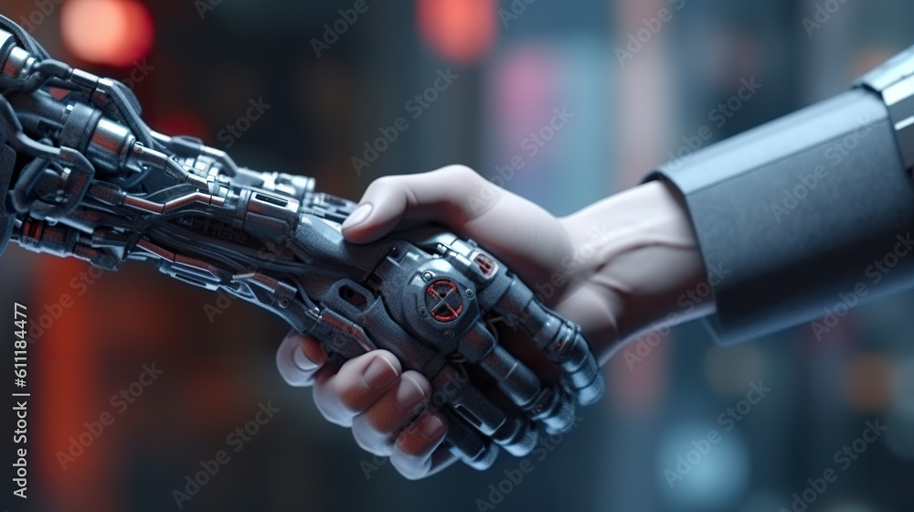 Human and artificial intelligence robot in a handshake to collaborate on future technology. Ai and h