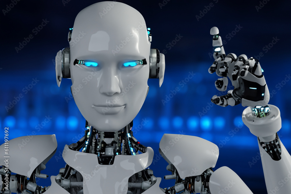 Humanoid head on digital network. Futuristic technology and artificial intelligence. Generative AI. 