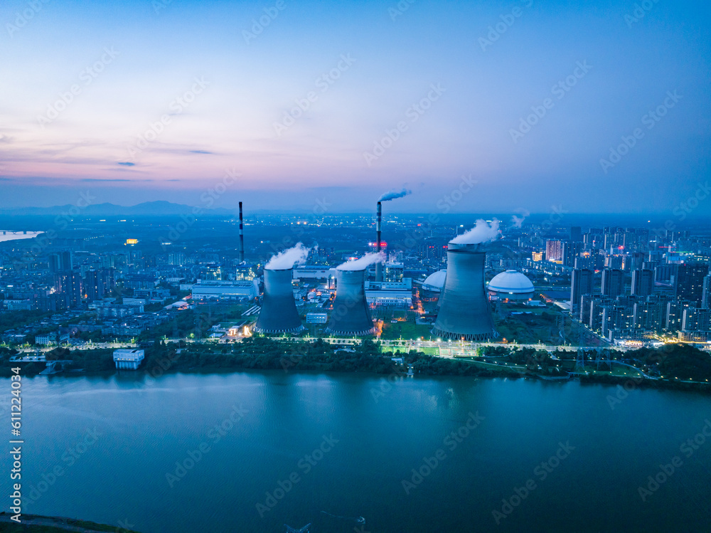 Thermal power plant night view, cooling tower