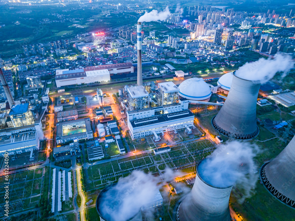 Thermal power plant night view, cooling tower